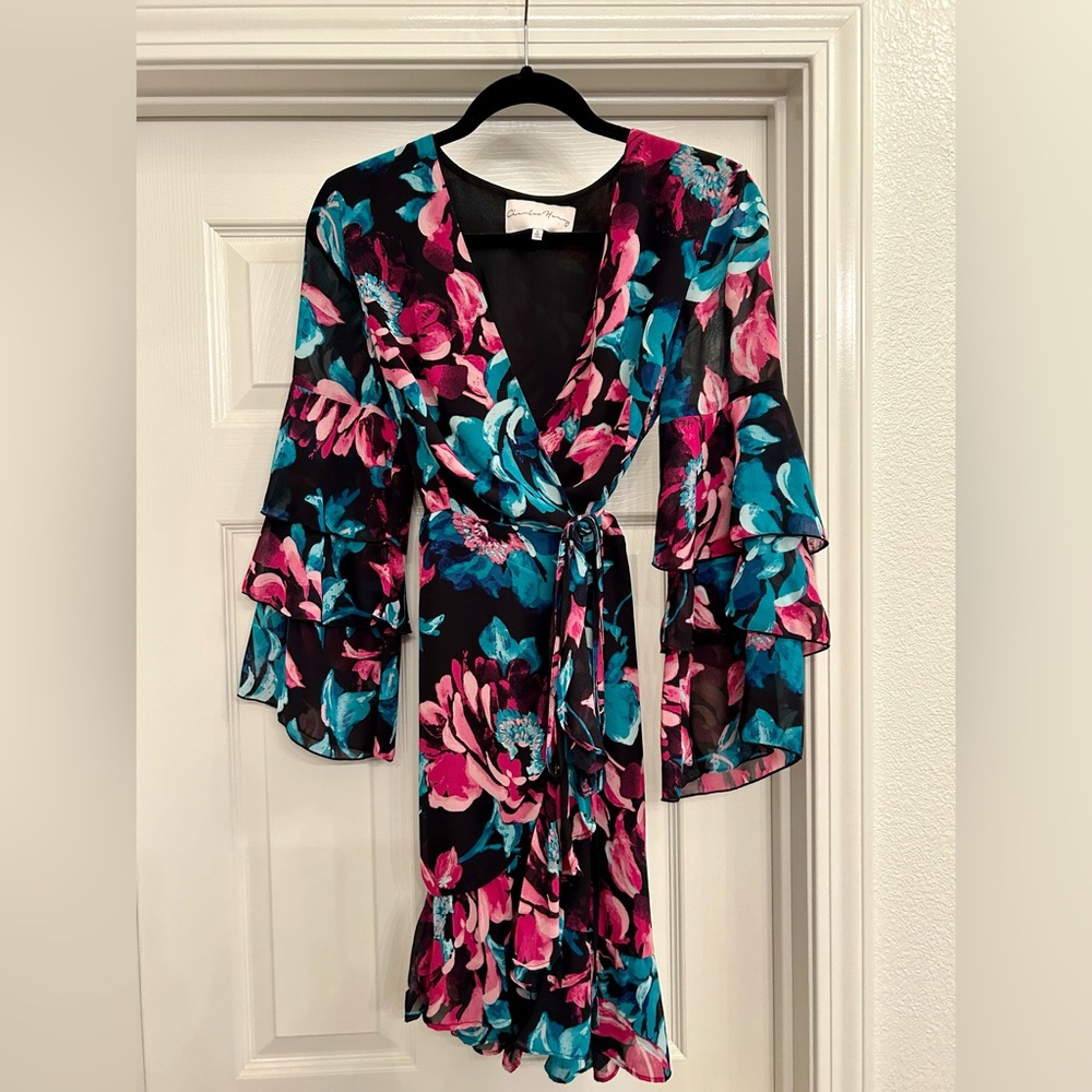 Charles Henry Ruffle Floral Wrap Dress